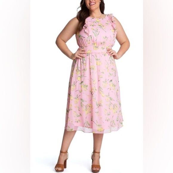 NWT Adyson Parker Smocked Waist Sleeveless Ruffle Midi Dress in Pink Sz S - Picture 1 of 10